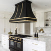 Faceted Curved Custom Stainless Steel Range Hood Matte Black with Gold Straps