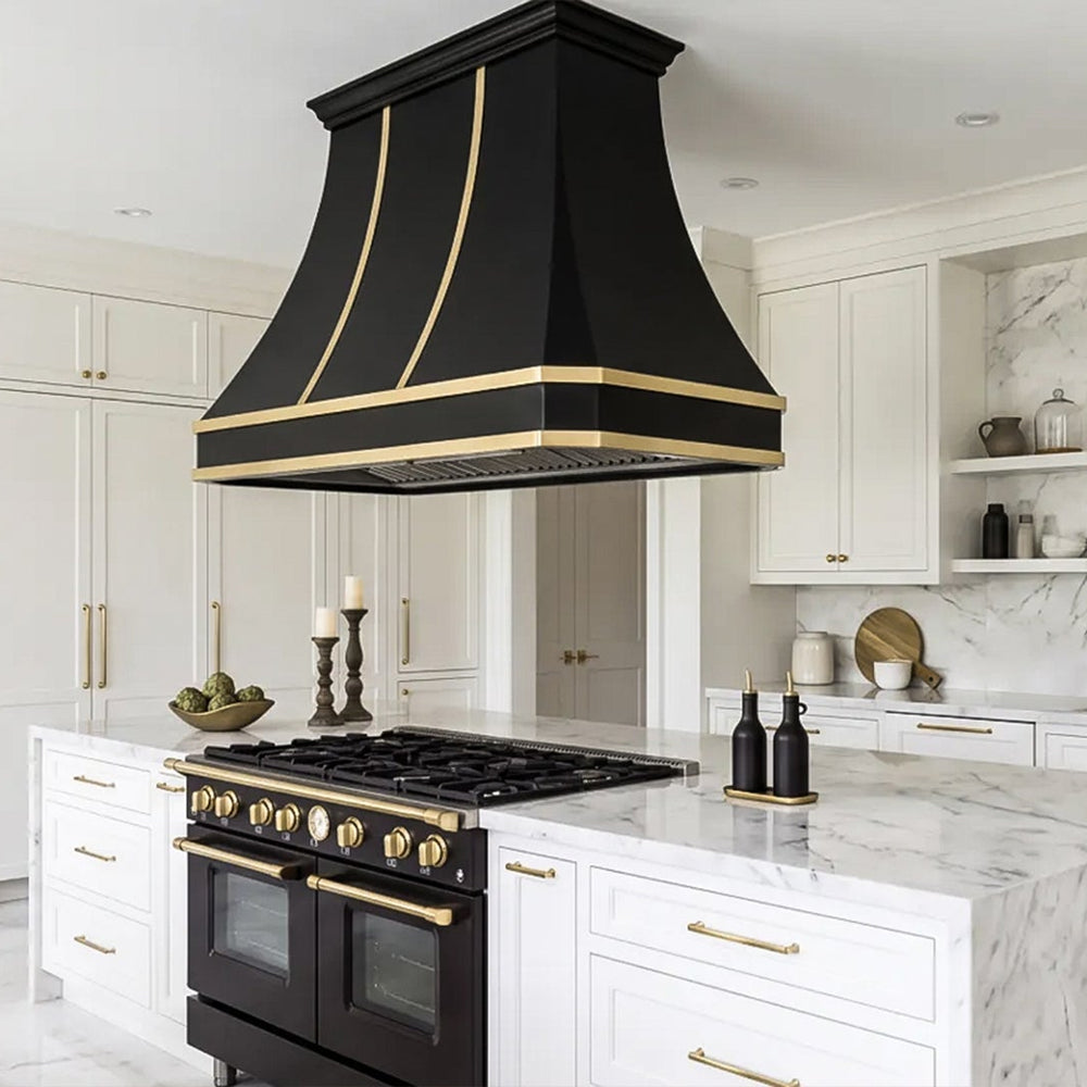 Faceted Curved Custom Stainless Steel Range Hood Matte Black with Gold Straps