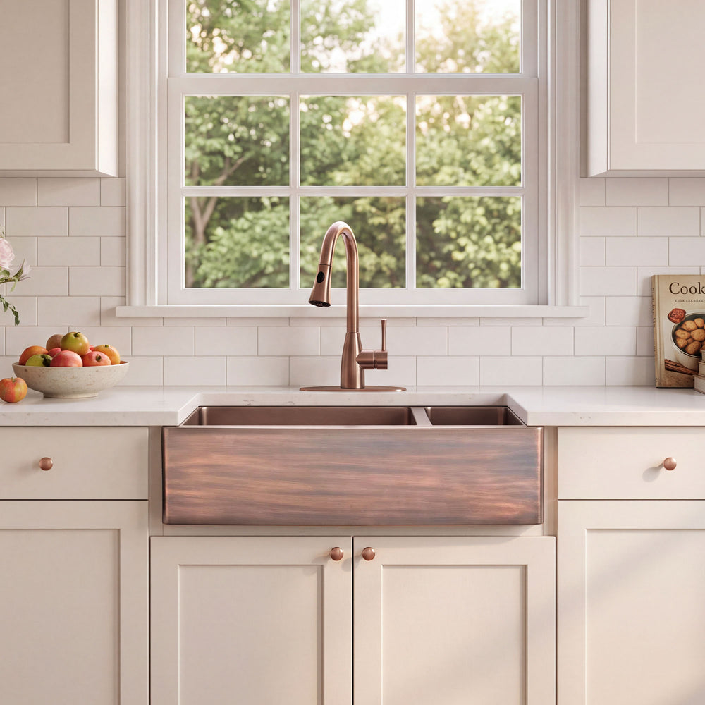 Nauxus Doble Bowl Handcrafted Custom Copper Farmhouse Kitchen Sink - FMHK06-NX