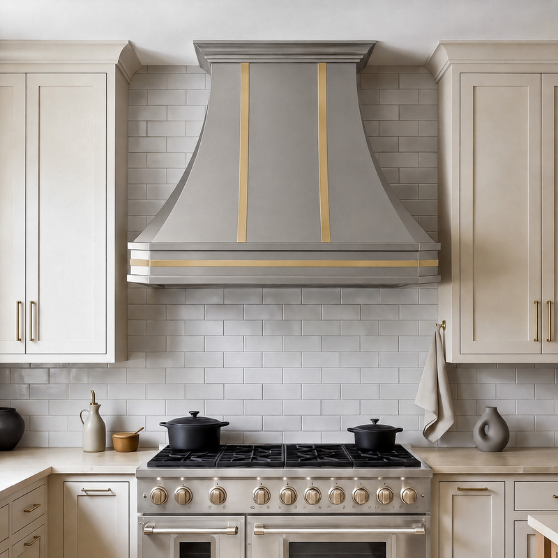 Faceted Curved Custom Stainless Steel Range Hood with Brass Straps