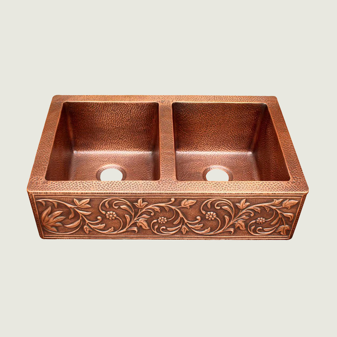 NAUXUS Copper Farmhouse Kitchen Sink, Handmade Single-Bowl Custom Copper Apron Sink Include Kitchen Basket Stainer , FMHK04-NX