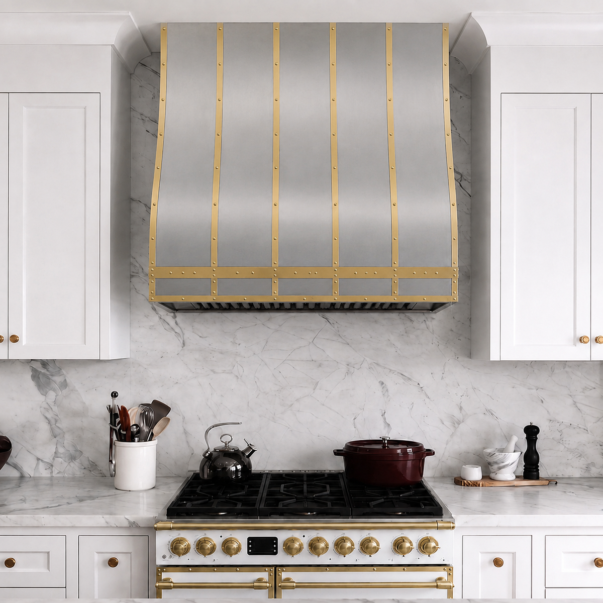 Box Custom Stainless Steel Range Hood with Brass Straps
