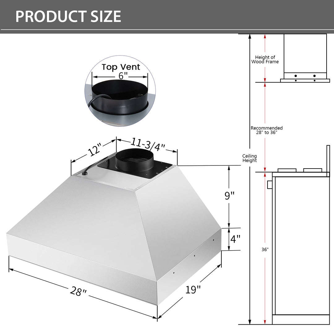 30-NX19IS kitchen range hood size detail