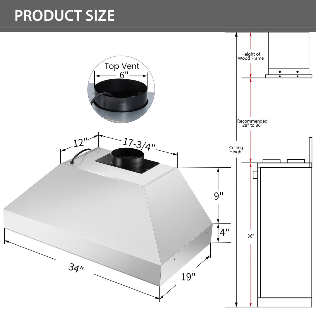 36 inch kitchen stainless steel range hoods size detail