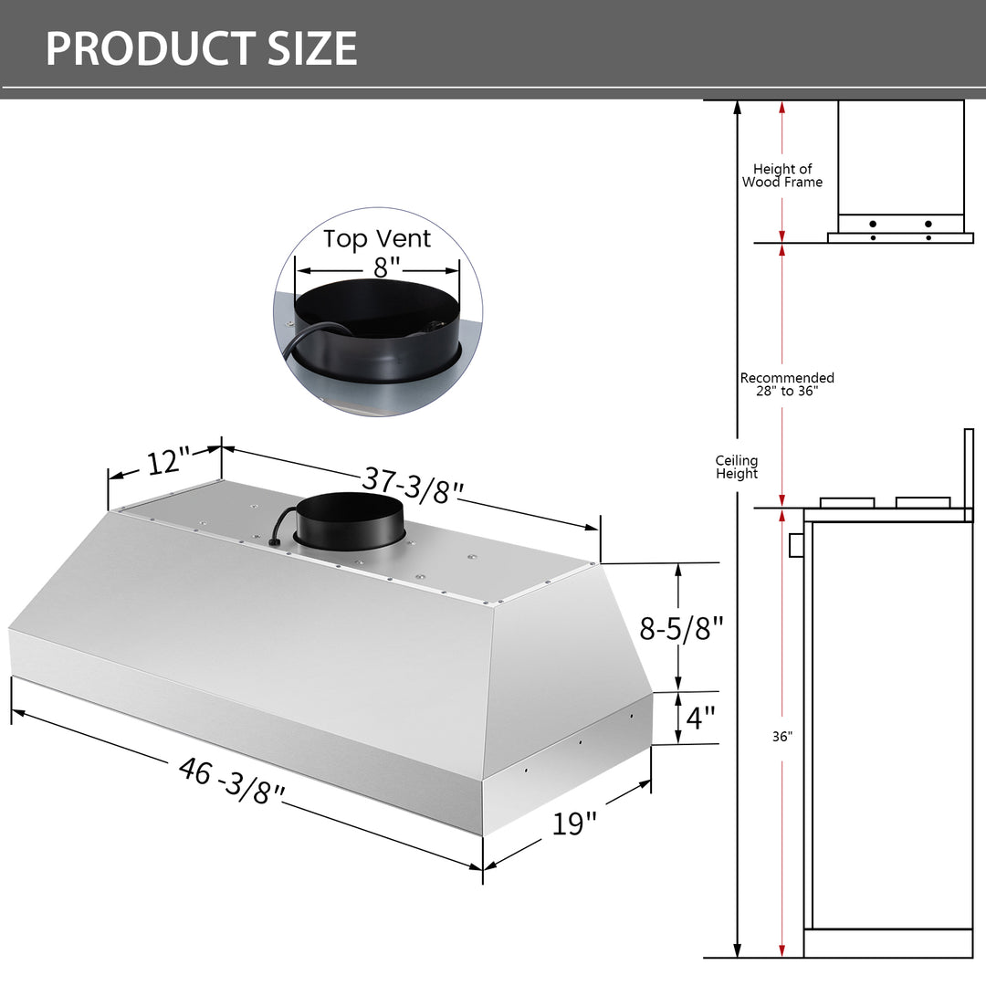 48-NX-19IS kitchen range hood size detail