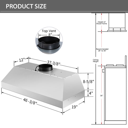 48-NX-19IS kitchen range hood size detail