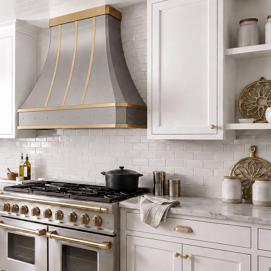 Faceted Curved Custom Stainless Steel Range Hood with Matte Brass Straps and Rivets