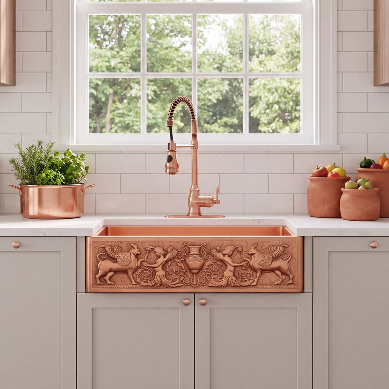 NAUXUS Copper Farmhouse Kitchen Sink, Handmade Hammered Single-Bowl Copper Apron Sink Include Kitchen Basket Stainer , FMHK05-NX