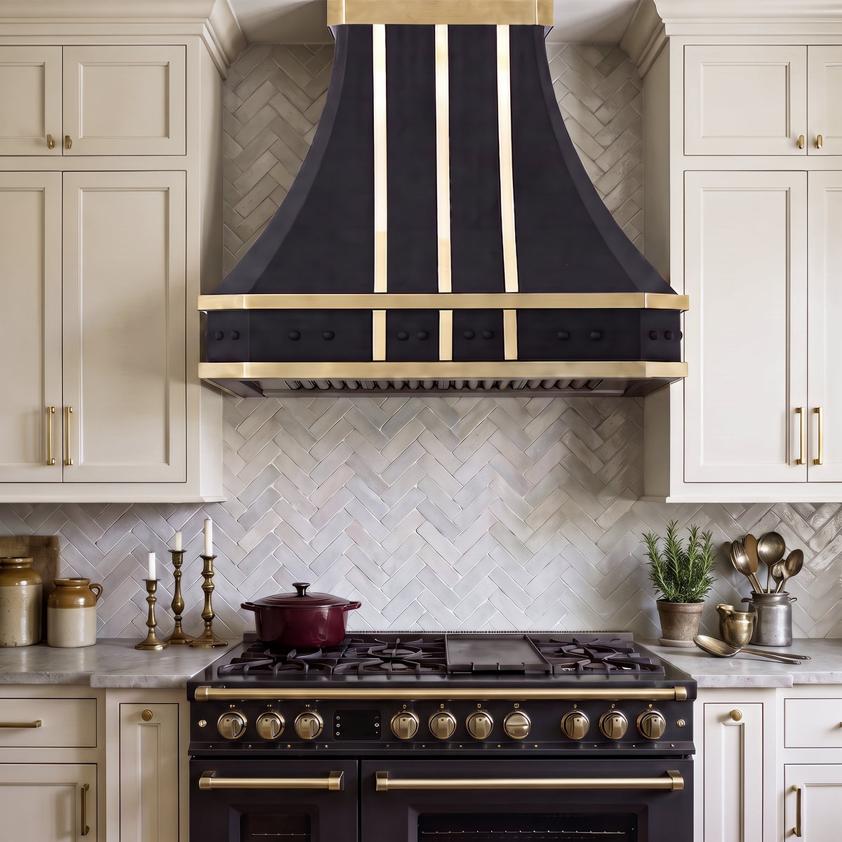 Faceted Curved Custom Stainless Steel Range Hood with Gold Accents