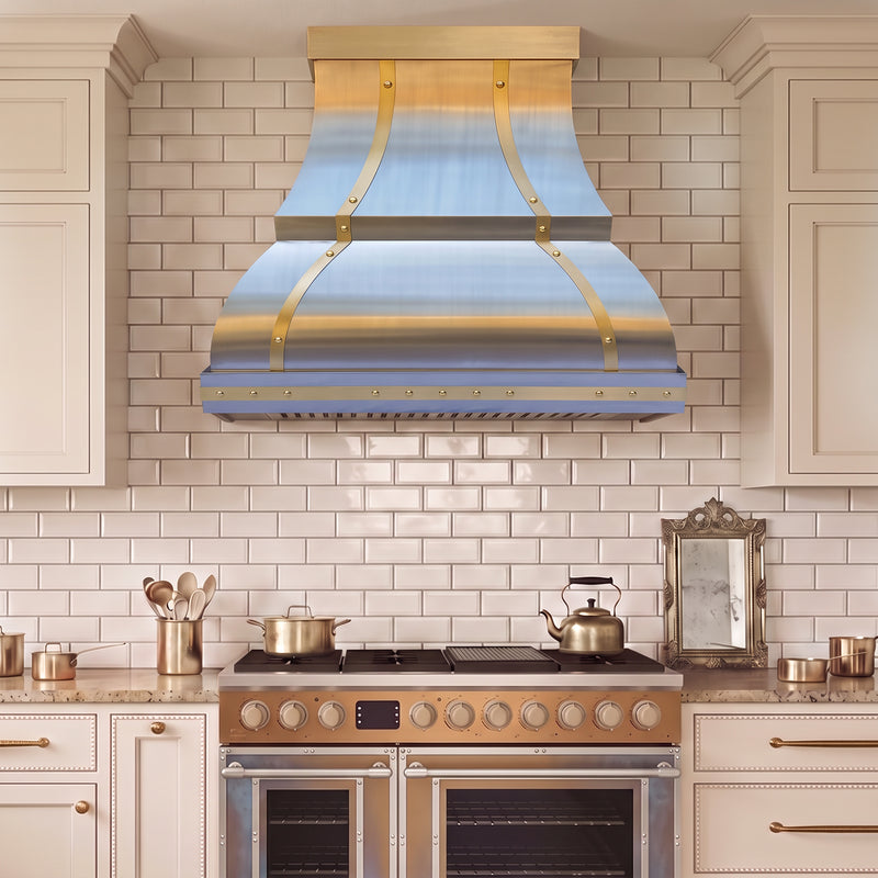 Bell Custom Stainless Steel Range Hood with Gold Straps