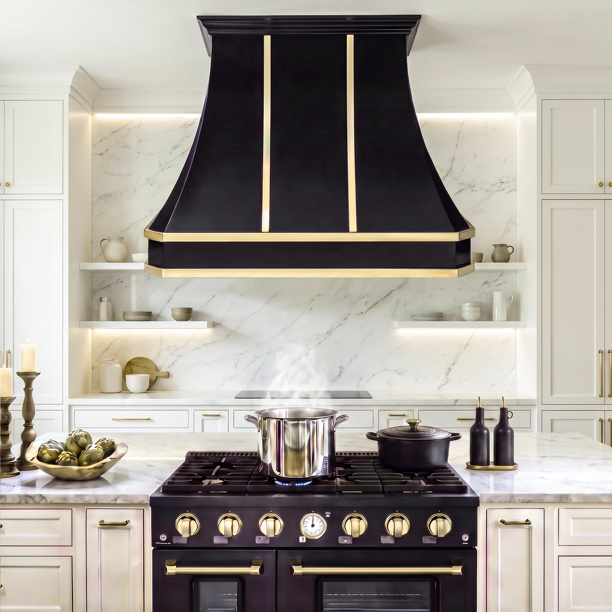 Faceted Curved Custom Stainless Steel Range Hood Matte Black with Gold Straps
