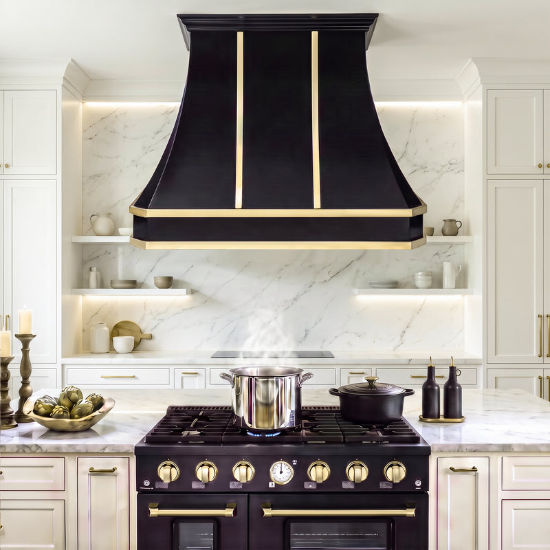 Faceted Curved Custom Stainless Steel Range Hood Matte Black with Gold Straps