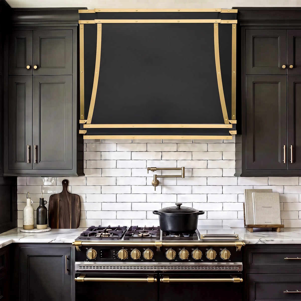 Box Custom Stainless Steel Range Hood Matte Black with Gold Straps