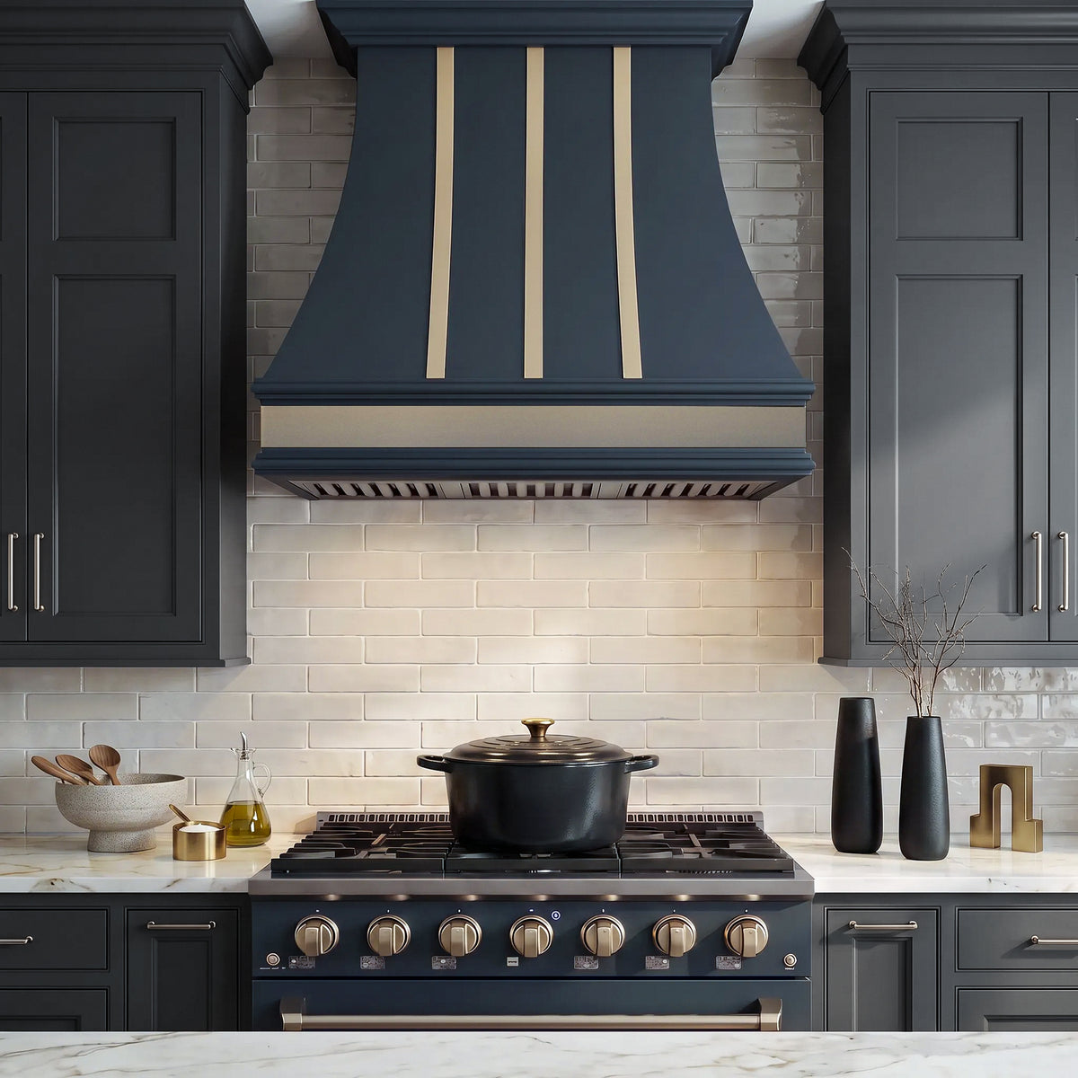 Smooth Curved Custom Stainless Steel Range Hood with Brass Accents