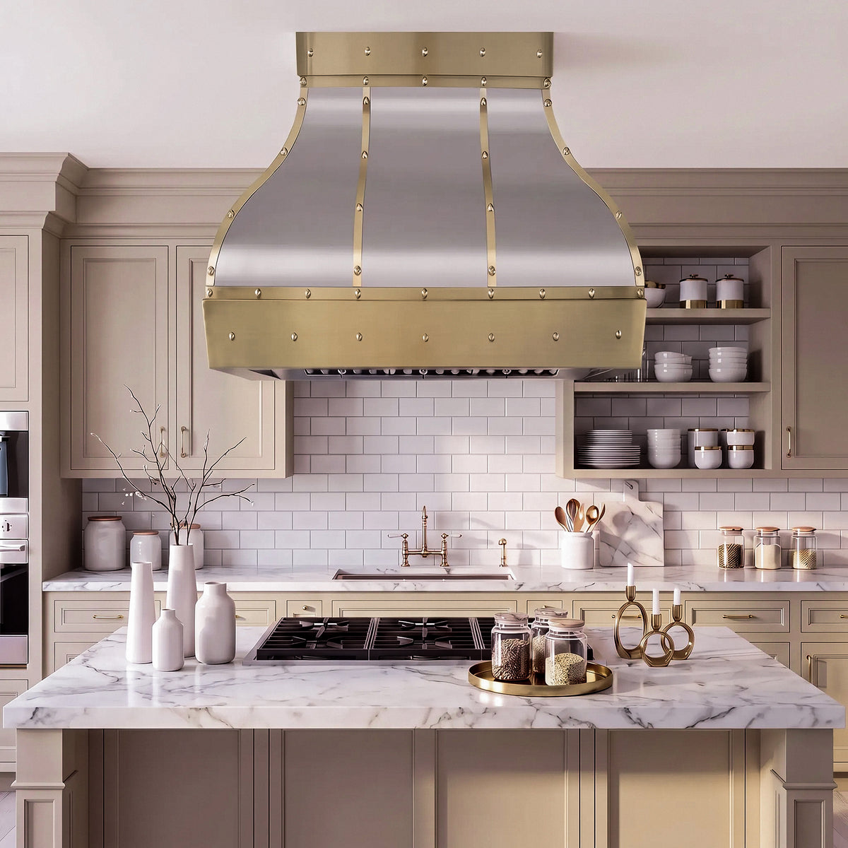 Bell Custom Stainless Steel Range Hood with Brass Accents