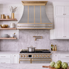 Smooth Curved Custom Stainless Steel Range Hood with Brass Pot Rail