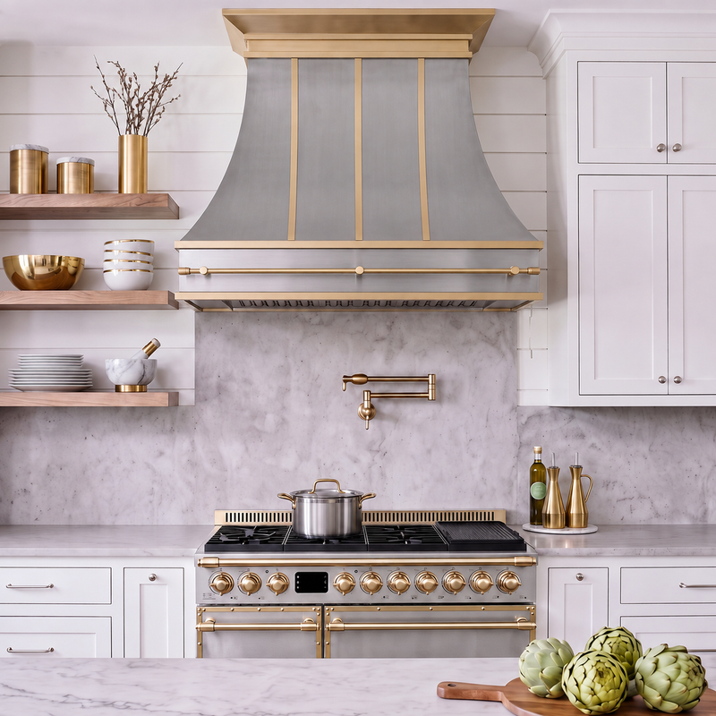 Smooth Curved Custom Stainless Steel Range Hood with Brass Pot Rail