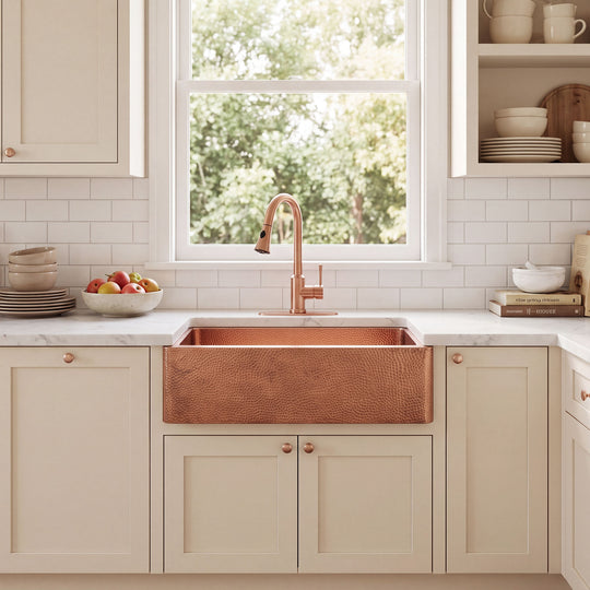 NAUXUS Copper Farmhouse Kitchen Sink, Handmade Hammered Single-Bowl Copper Apron Sink Include Kitchen Basket Stainer , FMHK09-NX