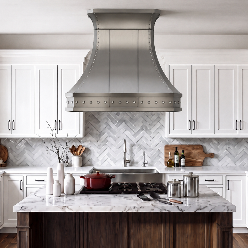 Faceted Curved Custom Stainless Steel Range Hood with Polished Straps