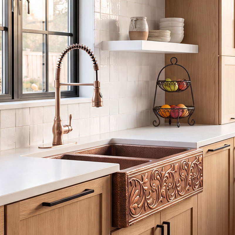 NAUXUS Copper Farmhouse Kitchen Sink, Handmade Single-Bowl Custom Copper Apron Sink Include Kitchen Basket Stainer , FMHK04-NX