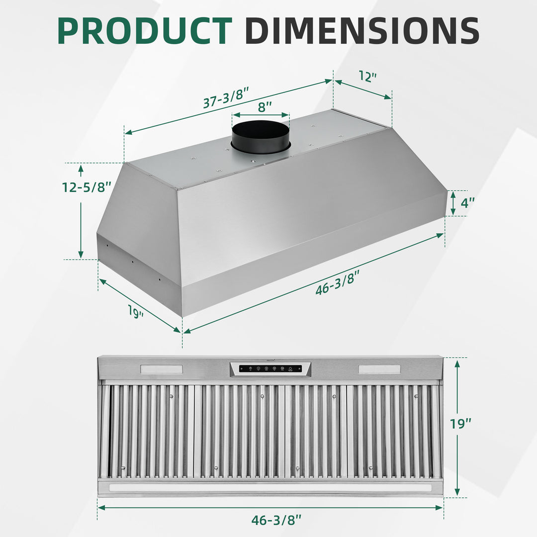 Nauxus 48" Built-In Range Hood Insert – 1200 CFM Stainless Steel Hood with Touch &amp; Gesture Control