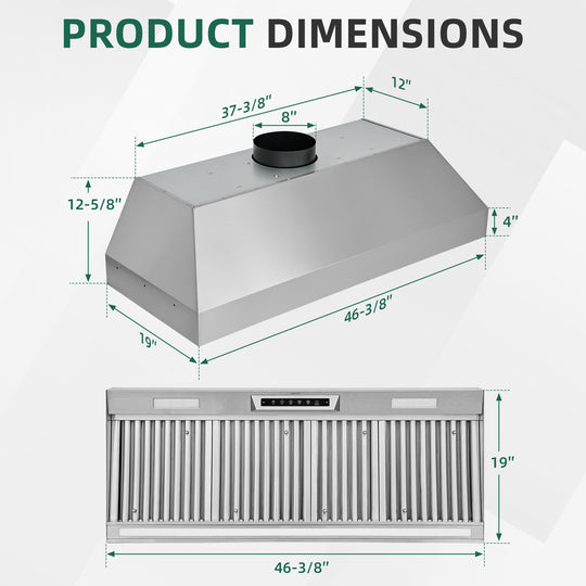 Nauxus 48" Built-In Range Hood Insert – 1200 CFM Stainless Steel Hood with Touch &amp; Gesture Control