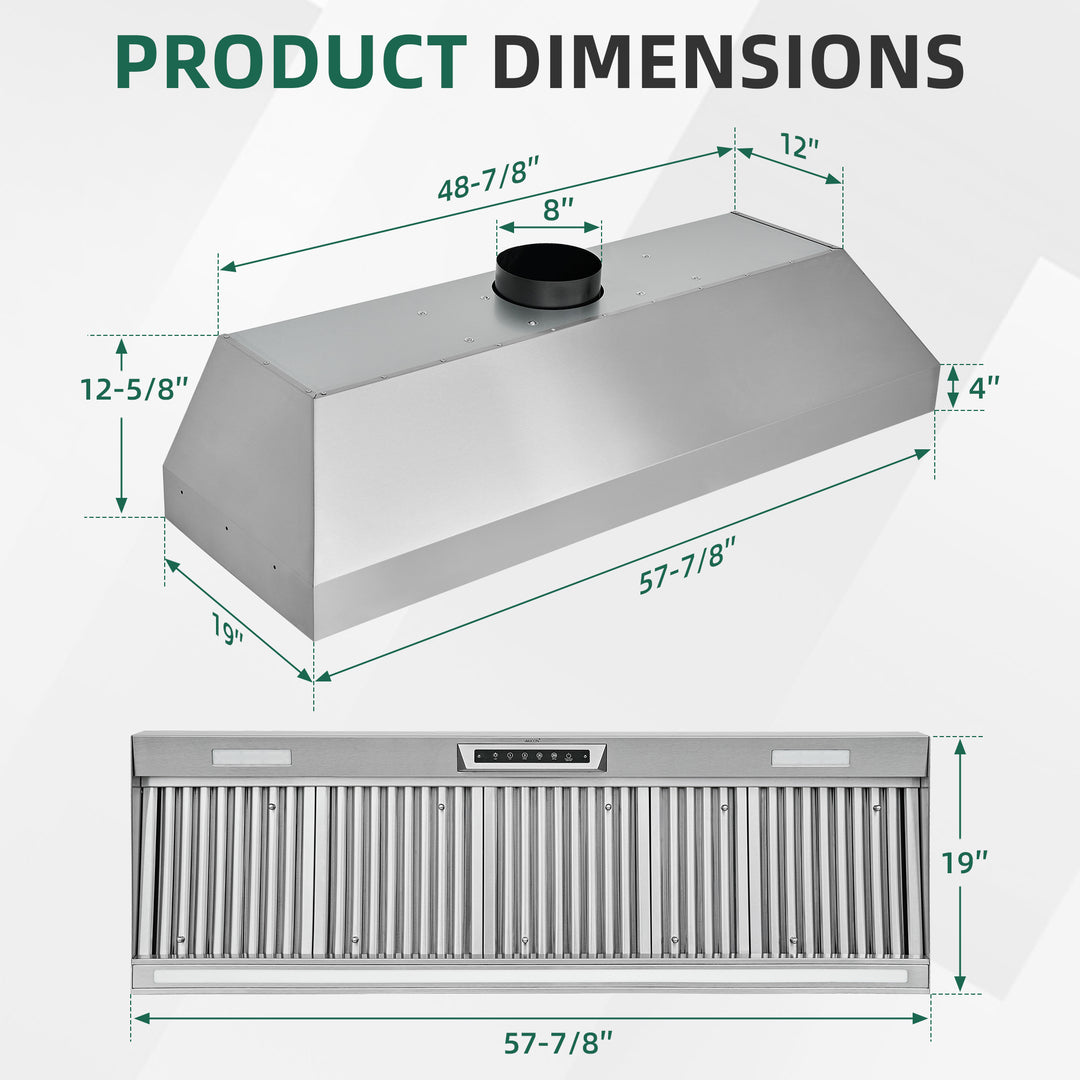 Nauxus 60" Built-In Range Hood Insert – 1200 CFM Stainless Steel Hood with Touch &amp; Gesture Control