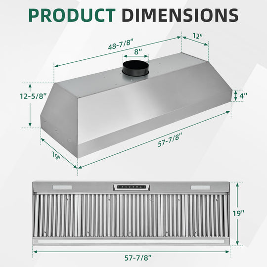 Nauxus 60" Built-In Range Hood Insert – 1200 CFM Stainless Steel Hood with Touch &amp; Gesture Control