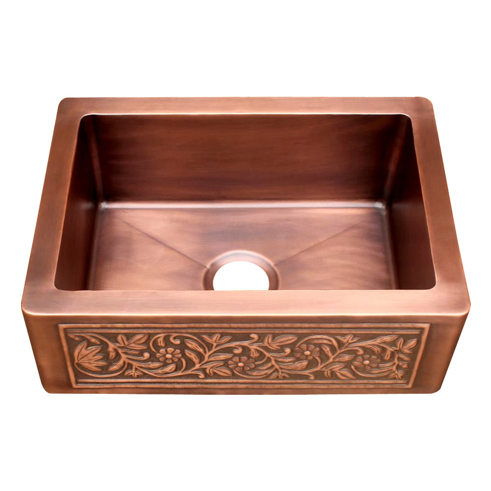 Antique copper farmhouse sink with custom apron