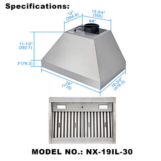 Nauxus 30 Inch Range Hood Insert with 600 CFM Powerful Suction, Ultra Quiet Ducted Stainless Steel Kitchen Stove Vent Hood with Dimmable LED Lights, Timer, 4-Speed Touch Control, NX-19IL-30