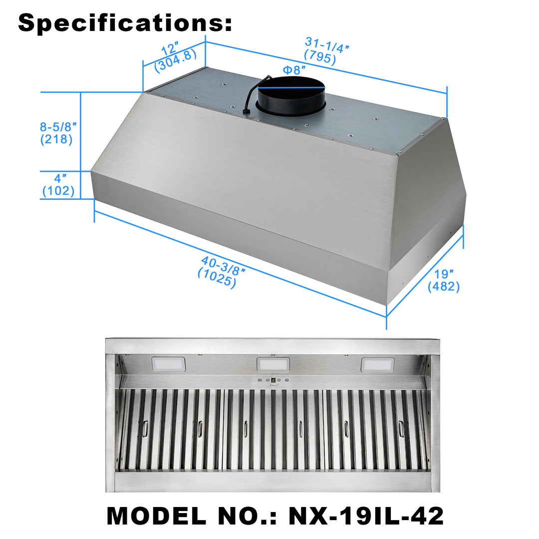 Nauxus 42 Inch Range Hood Insert with 1200 CFM Powerful Suction, Ultra Quiet Ducted Stainless Steel Kitchen Stove Vent Hood with Dimmable LED Lights, Timer, 4-Speed Touch Control , NX-19IL-42