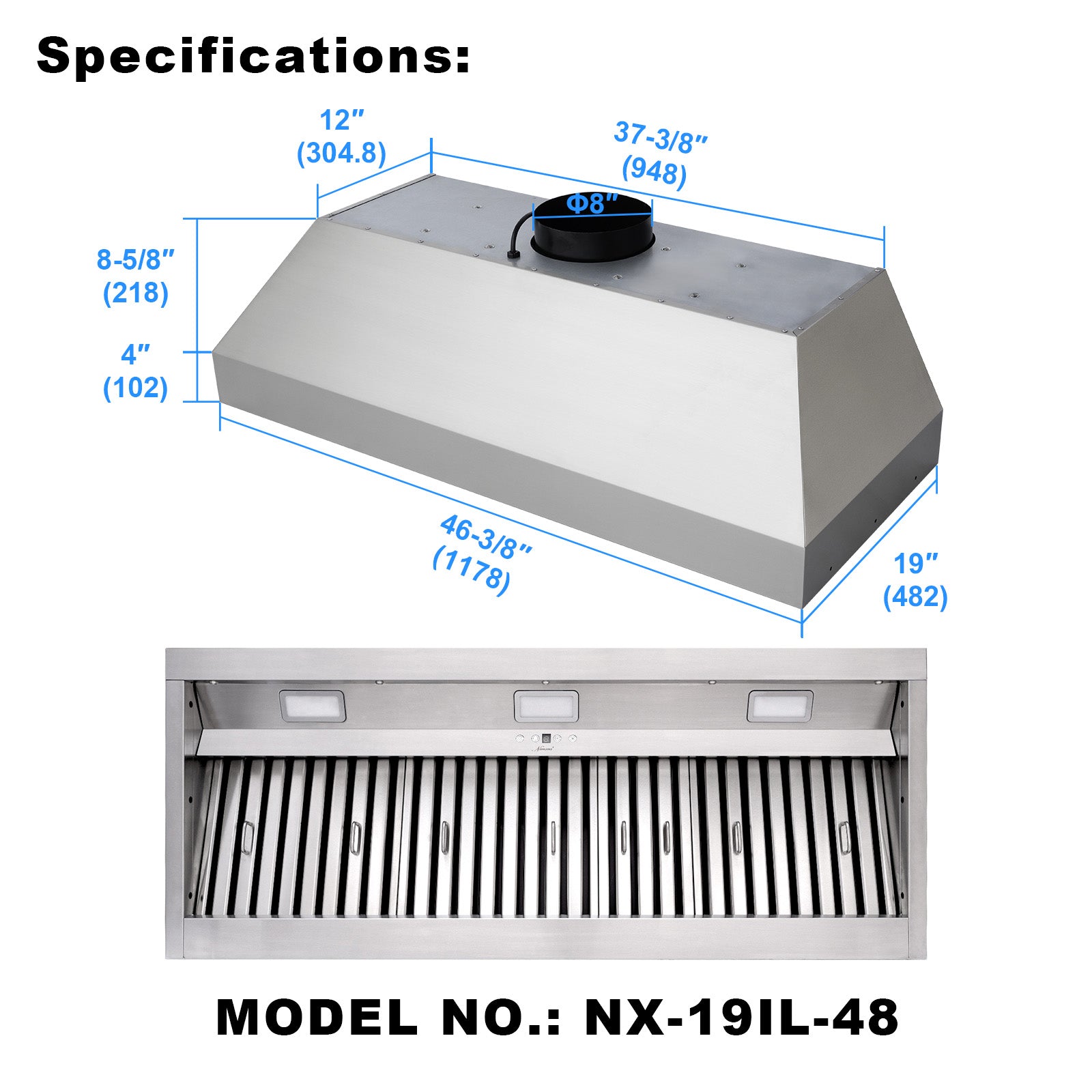 48-Inch Range Hood Insert, 1200 CFM, Dual Motor, Stainless Steel