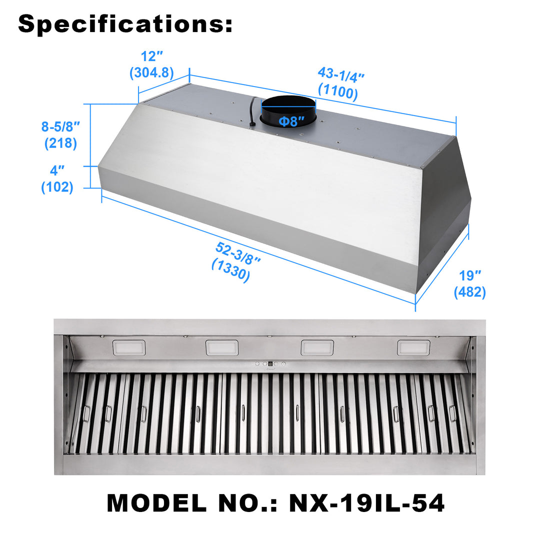 Nauxus 54 Inch Range Hood Insert with 1200 CFM Powerful Suction, Ultra Quiet Ducted Stainless Steel Kitchen Stove Vent Hood with Dimmable LED Lights, Timer, 4-Speed Touch Control , NX-19IL-54