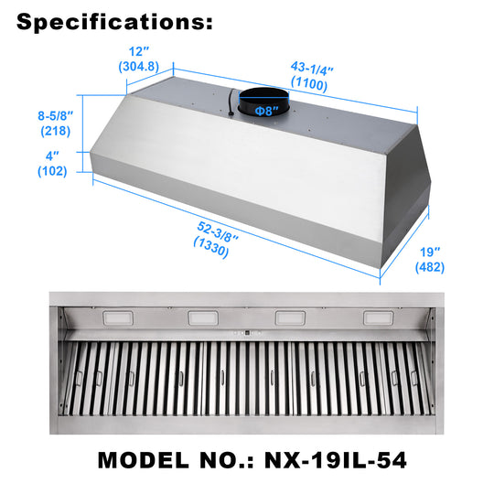Nauxus 54 Inch Range Hood Insert with 1200 CFM Powerful Suction, Ultra Quiet Ducted Stainless Steel Kitchen Stove Vent Hood with Dimmable LED Lights, Timer, 4-Speed Touch Control , NX-19IL-54