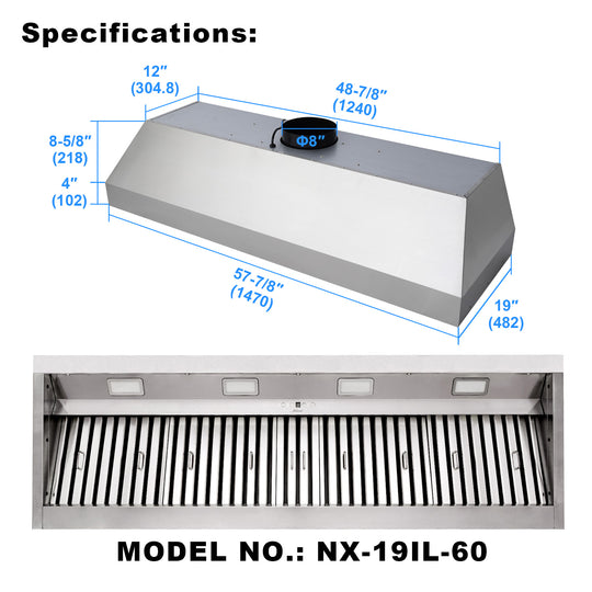 Nauxus 60 Inch Range Hood Insert with 1200 CFM Powerful Suction, Ultra Quiet Ducted Stainless Steel Kitchen Stove Vent Hood with Dimmable LED Lights, Timer, 4-Speed Touch Control , NX-19IL-60