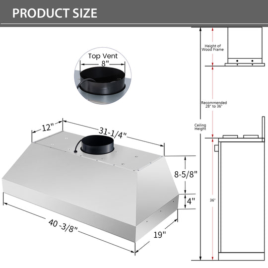 NX-19IS_42 inch kitchen range hood insert size detail