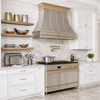 Smooth Curved Custom Stainless Steel Range Hood with Brass Pot Rail