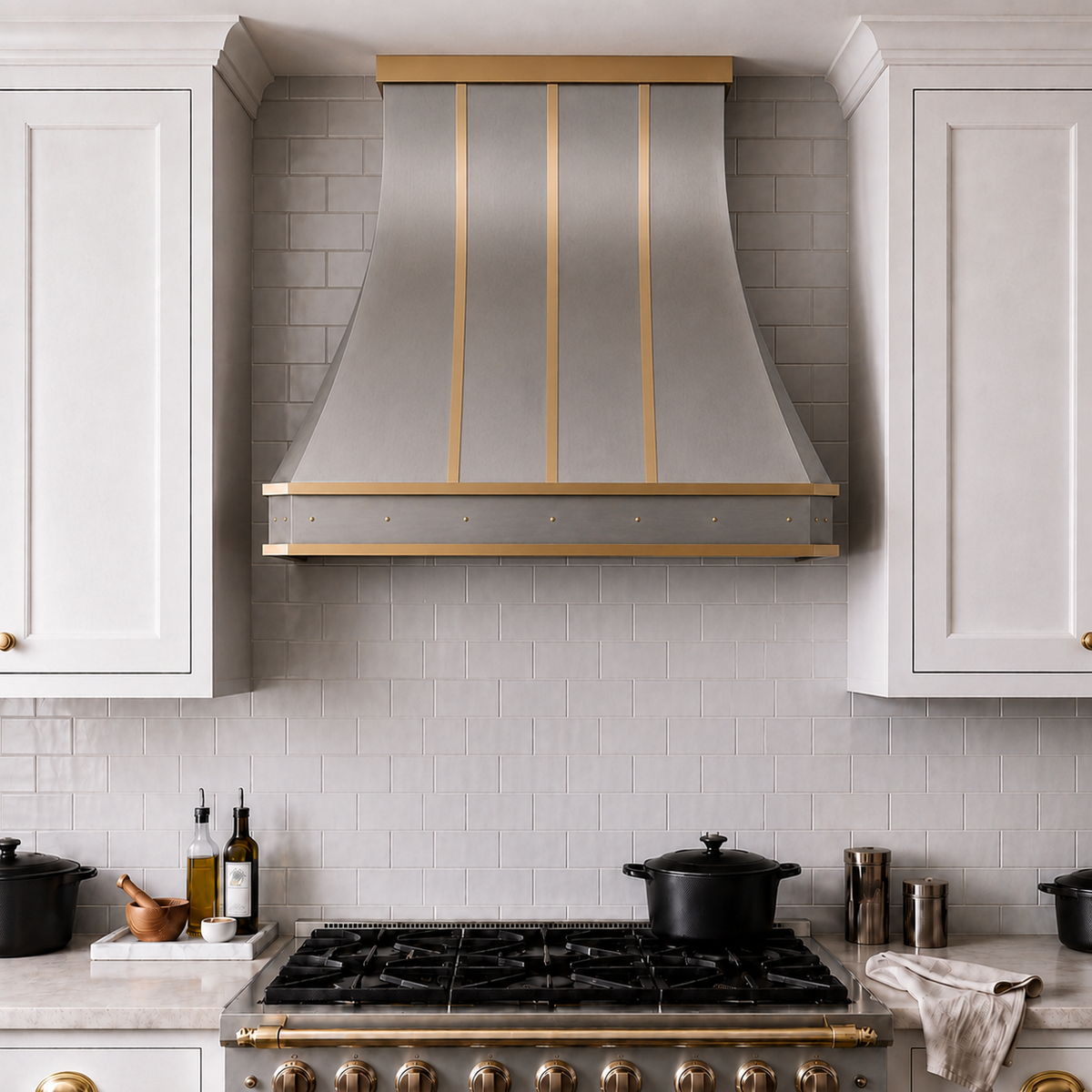 Faceted Curved Custom Stainless Steel Range Hood with Matte Brass Straps and Rivets