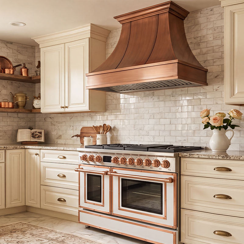 Smooth Curved Custom Copper Range Hood with Banded Apron
