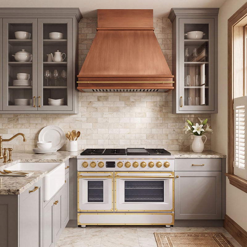 Pyramid Custom Copper Range Hood with Decorative Apron