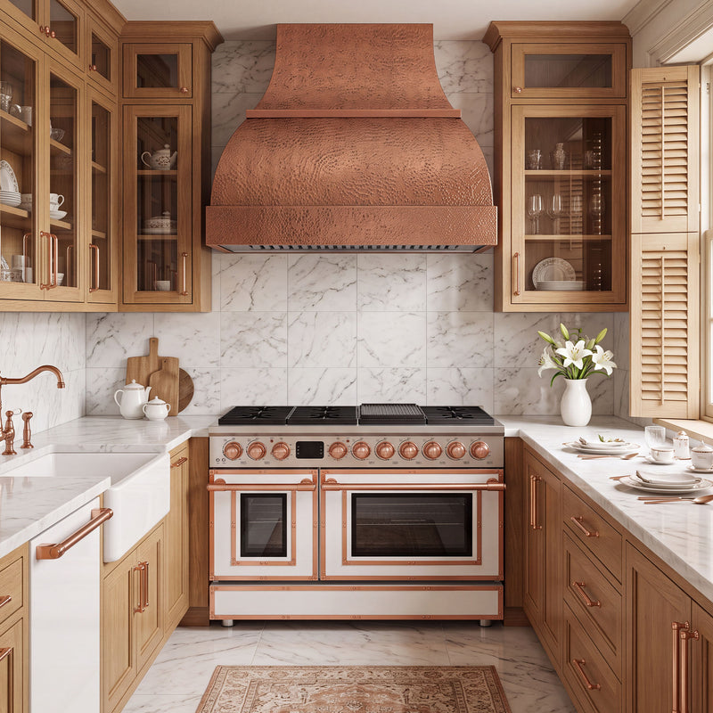 Double Bell Custom Copper Range Hood with Hammered Apron
