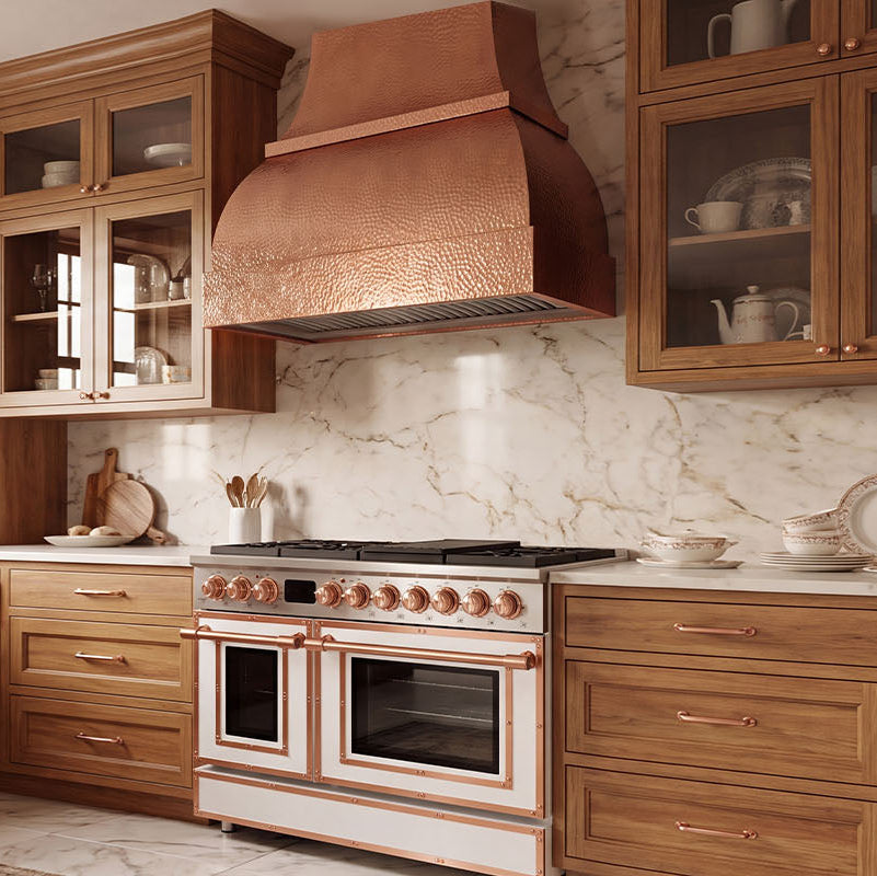 Double Bell Custom Copper Range Hood with Hammered Apron