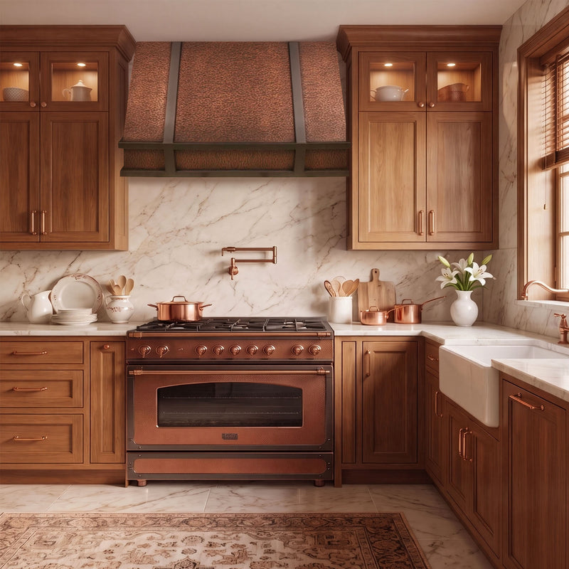 Farmhouse Tapered Custom Copper Range Hood with Straps and Rivets