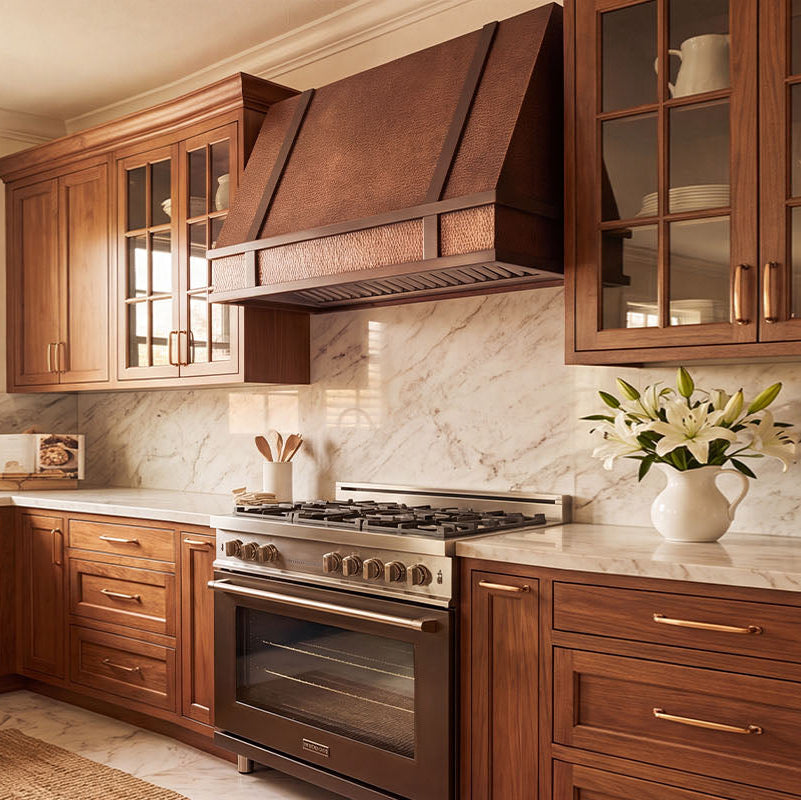 Farmhouse Tapered Custom Copper Range Hood with Straps and Rivets