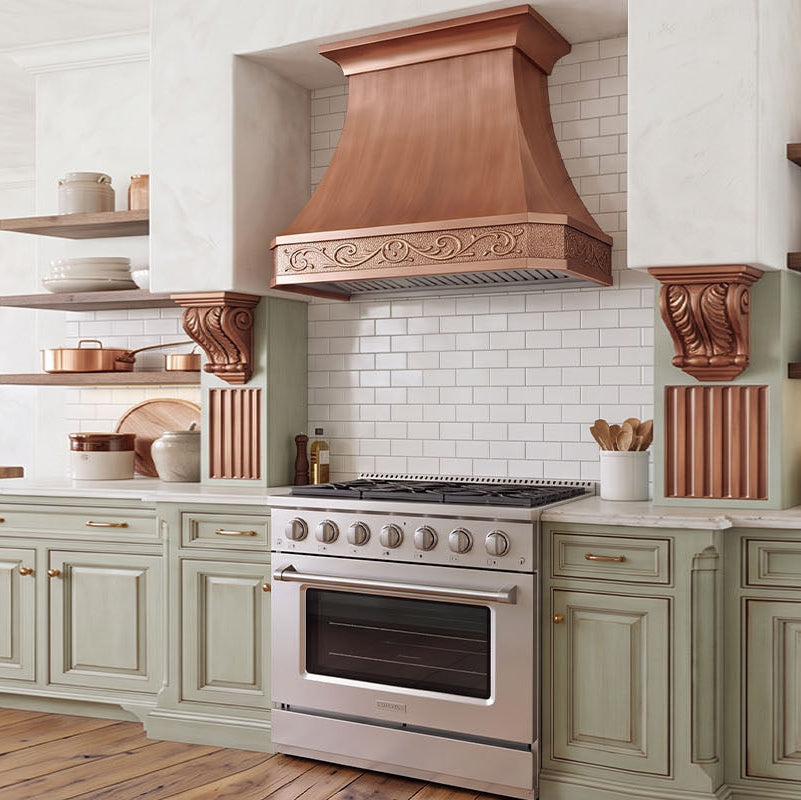 Faceted Curved Custom Copper Range Hood with Decorative Apron