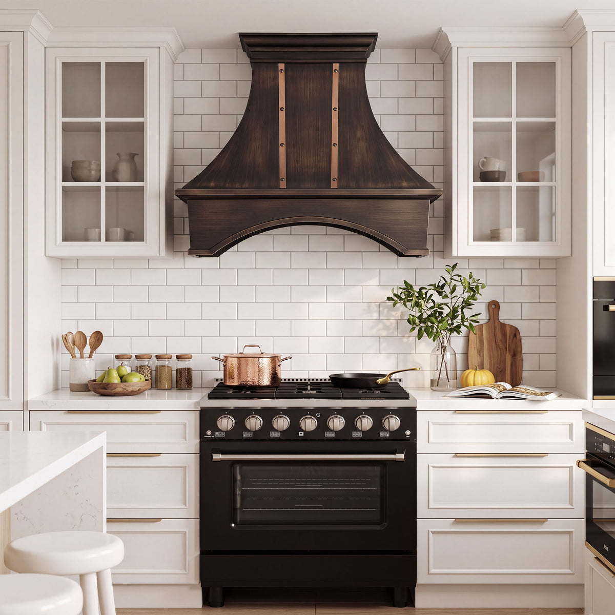 Smooth Curved Custom Copper Range Hood with Arched Apron