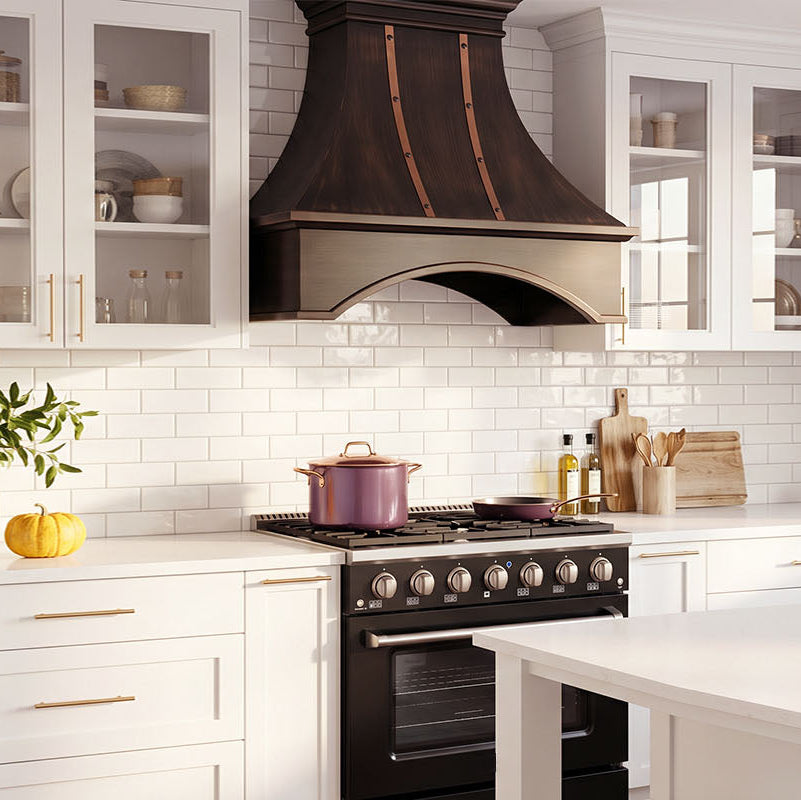 Smooth Curved Custom Copper Range Hood with Arched Apron