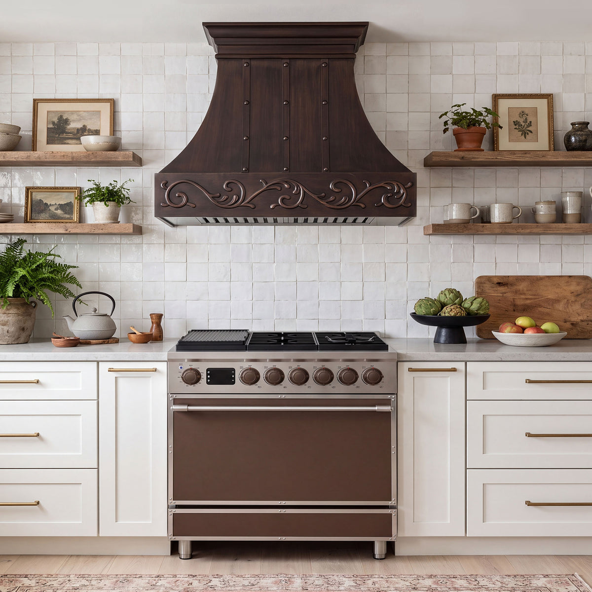 Smooth Curved Custom Copper Range Hood with Decorative Scrollwork Apron