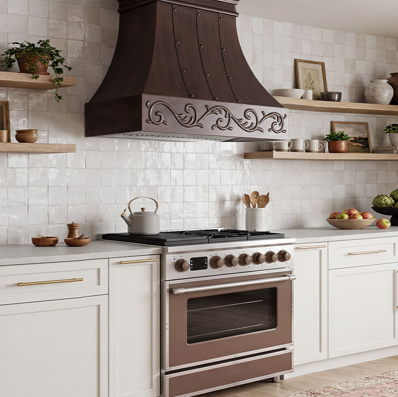 Smooth Curved Custom Copper Range Hood with Decorative Scrollwork Apron