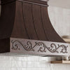 Smooth Curved Custom Copper Range Hood with Decorative Scrollwork Apron